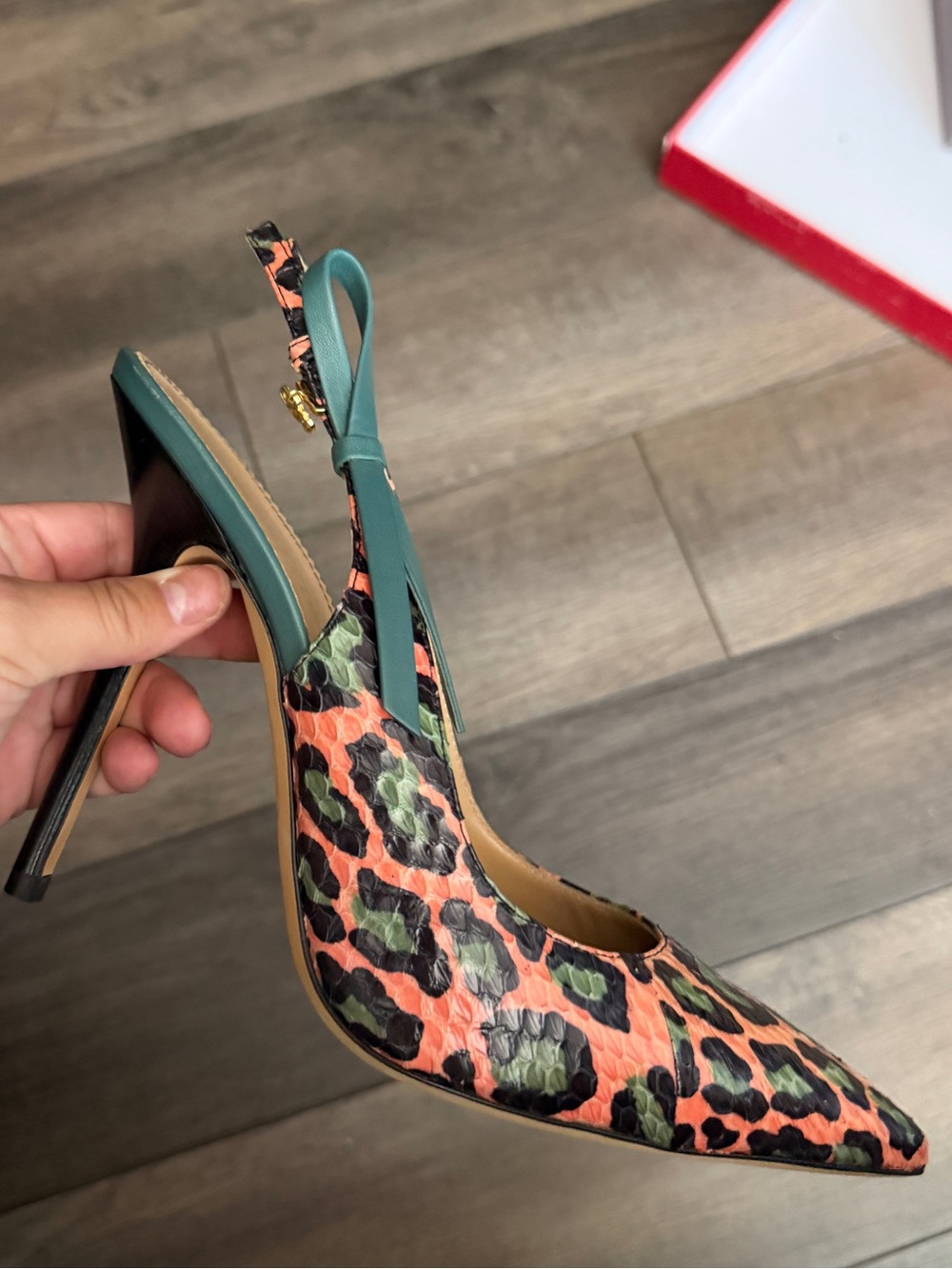 DSQUARED2 Coral and Green snake skin Leopard Print Slingback Stilettos